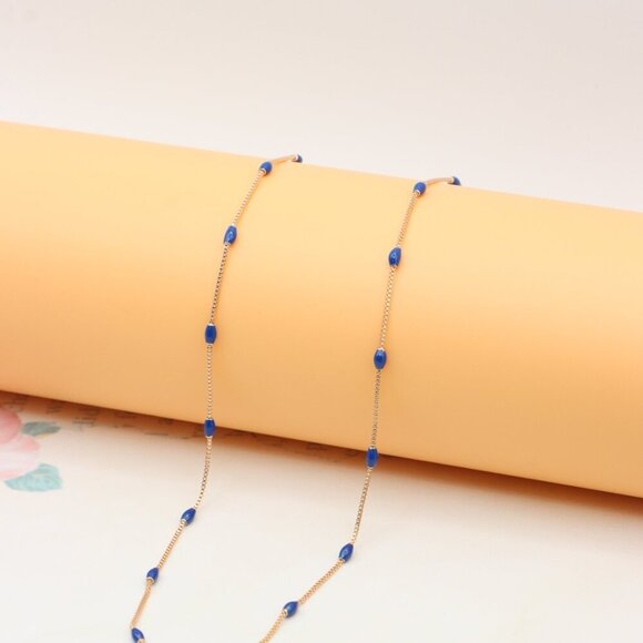 "Rose Gold Beaded Necklace with Blue Accents, Adjustable, XPNL0337 - Picture 6 of 11